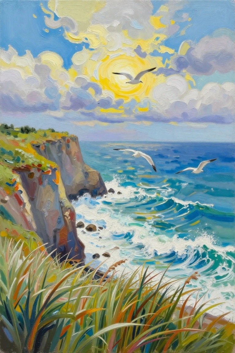 Vibrant oil painting of seagulls soaring over crashing waves by colorful cliffs under sunny skies