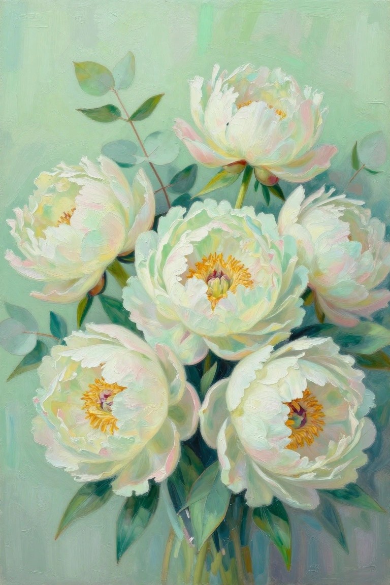 Oil painting of white peonies with yellow centers amid lush green leaves on soft background