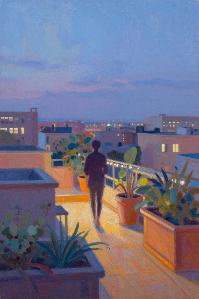 A painting shows a person walking away on a plant-lined rooftop at dusk with city buildings and lights in the background.