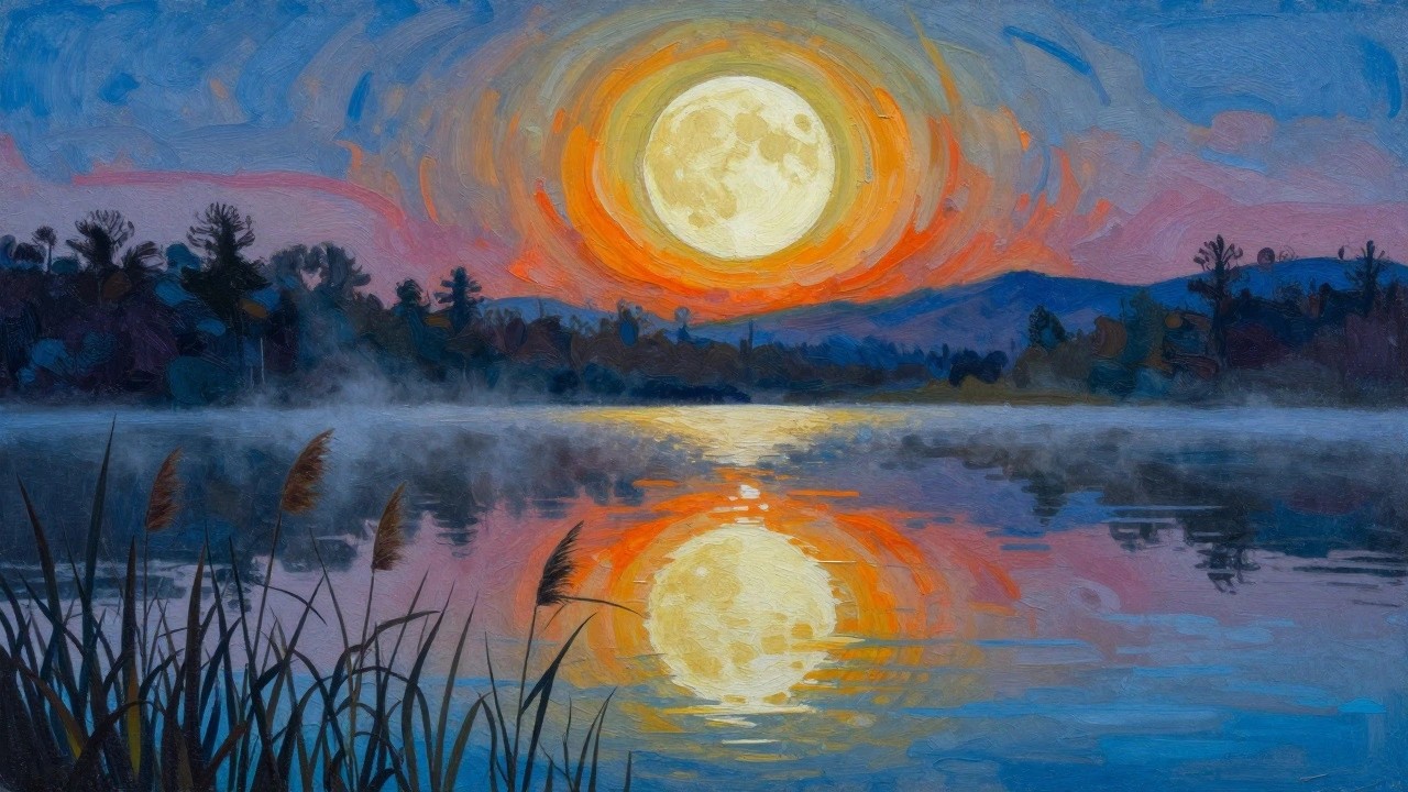 Oil painting of full moon glowing over reflective lake with foreground reeds.