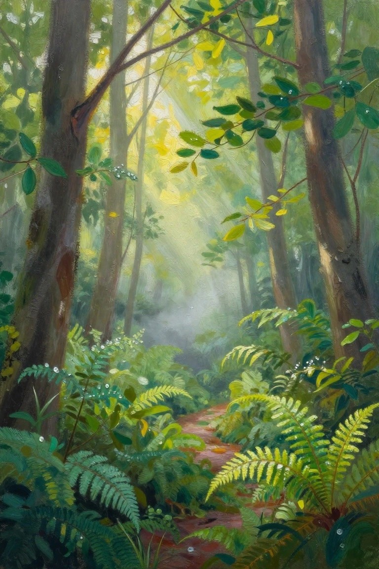 Sun rays pierce tall trees onto a misty fern-lined forest path with dew drops.