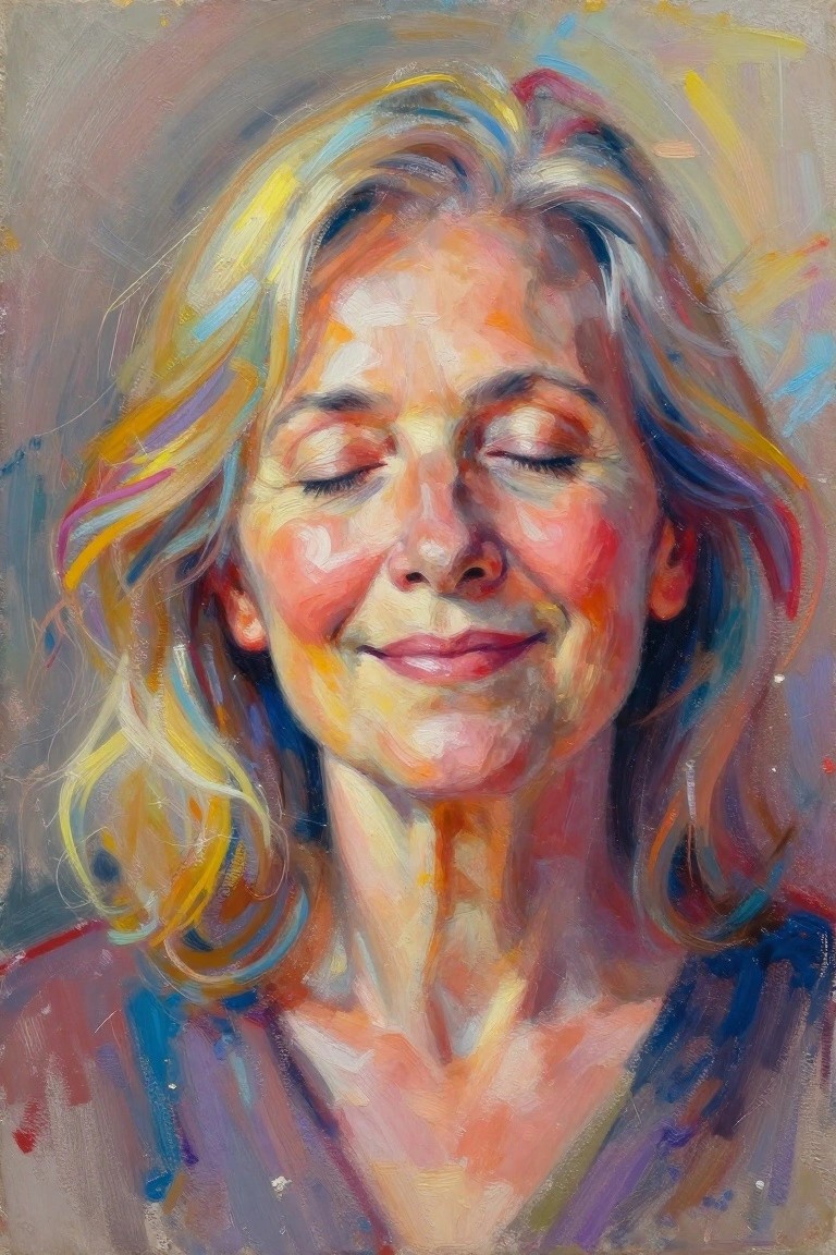 Serene woman with closed eyes and vibrant multicolored hair in expressive oil painting