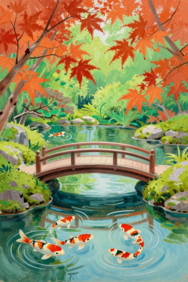 A colorful painting of orange and white koi fish in a pond under a wooden bridge with red maple leaves overhead and green plants around the water.