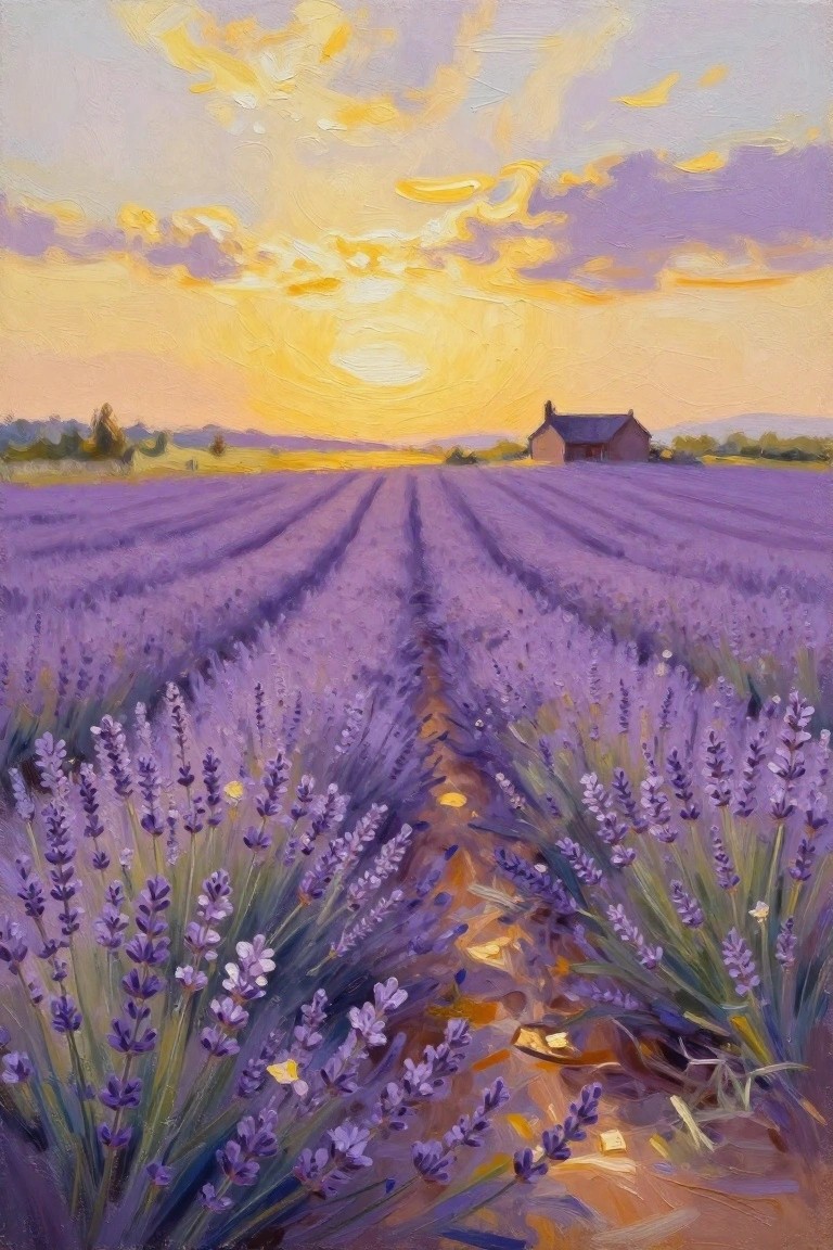 Lavender rows flank a path to a house under a vivid golden-purple sunset.