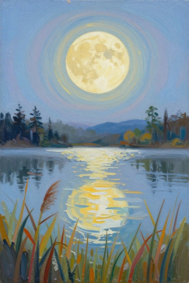 Oil painting of full moon glowing over reflective lake with foreground reeds.