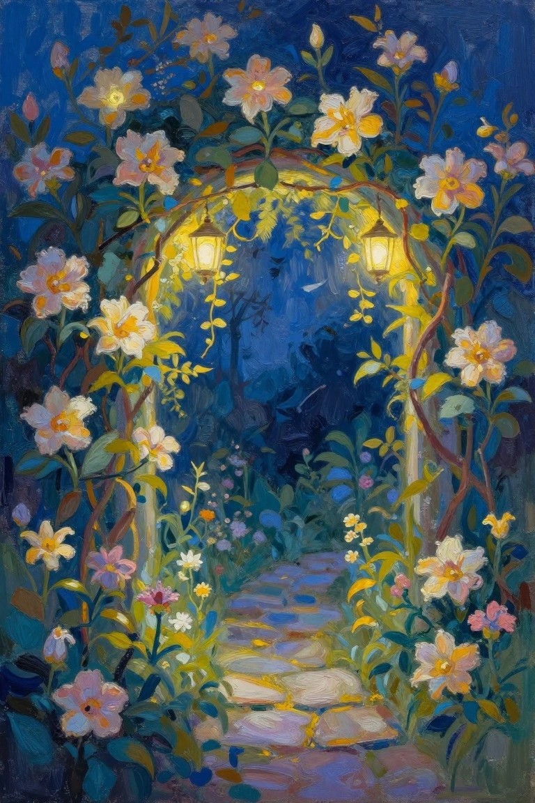 Glowing lanterns on floral arch over winding stone path in night garden.