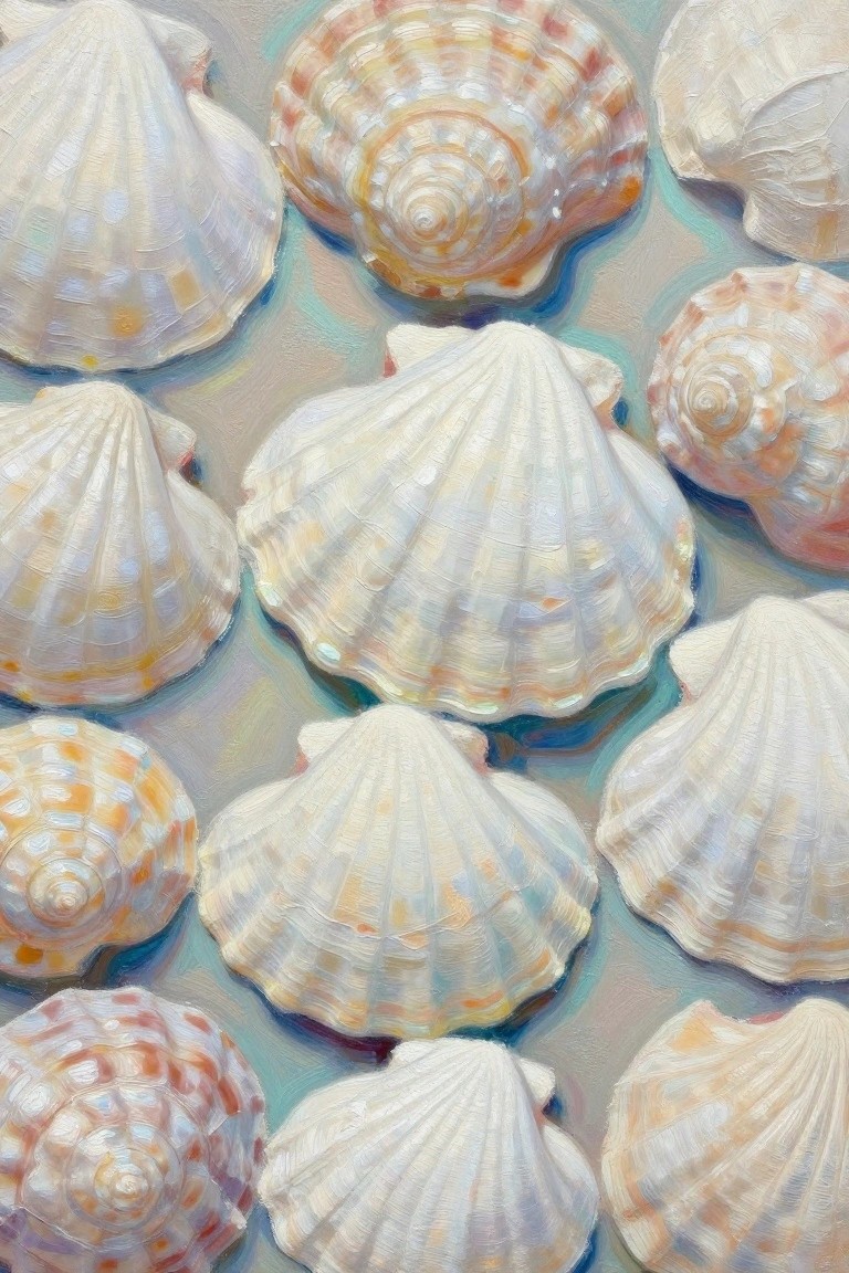 Numerous white seashells with pastel accents on a soft blue-green painted surface
