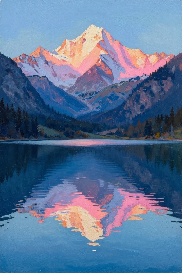 Snow-capped peaks glowing pink-orange, reflected in serene blue mountain lake at dawn.