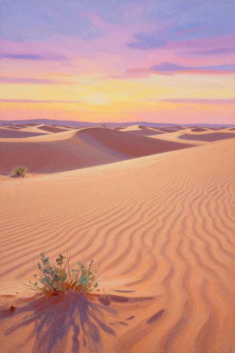 Rolling sand dunes under vibrant pink-yellow sunset sky with foreground desert plant.
