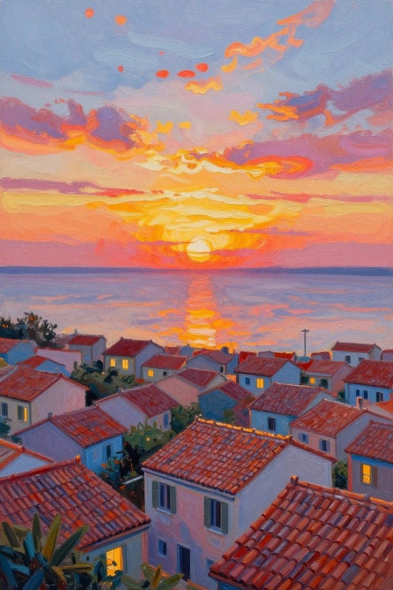 Vibrant sunset over coastal village with glowing windows and red-tiled roofs