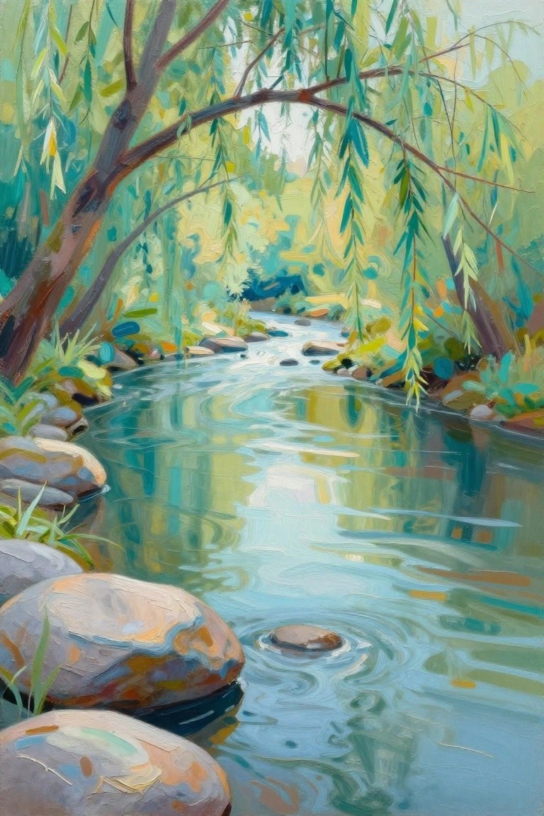 Vibrant painting of a winding stream with rocks beneath drooping willow branches.