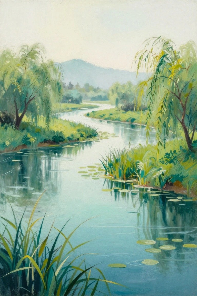 A soft painting of a winding blue river lined with green trees and lily pads, with reflections on the water and hills in the distance.