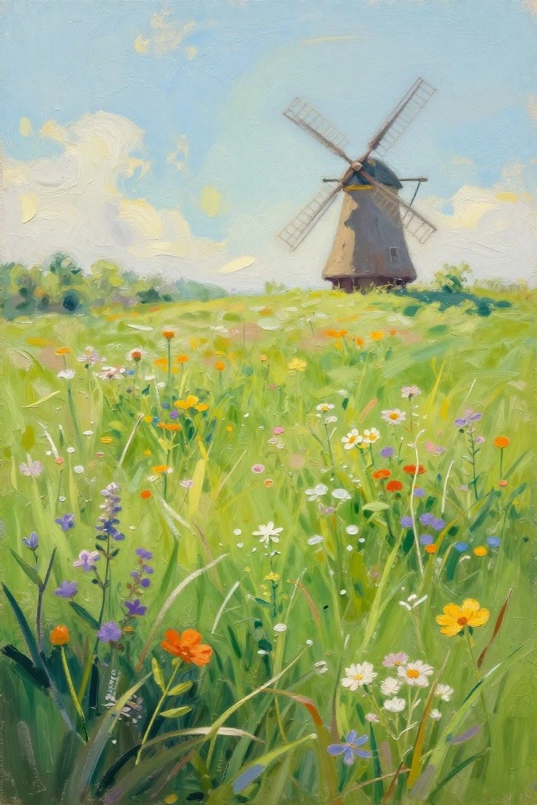 Windmill overlooking vibrant meadow of colorful wildflowers under bright blue sky