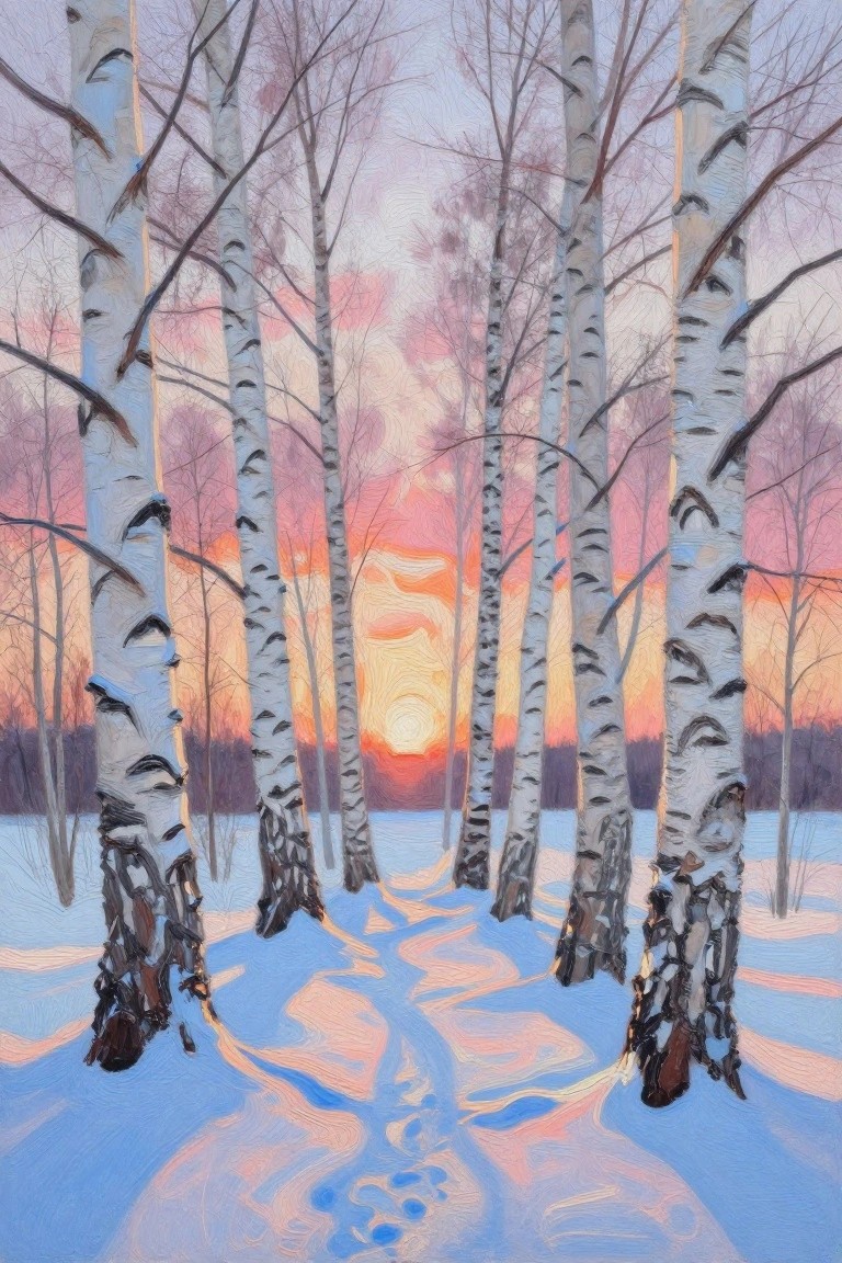 Snowy birch forest path at sunset with pink-orange sky and blue shadows