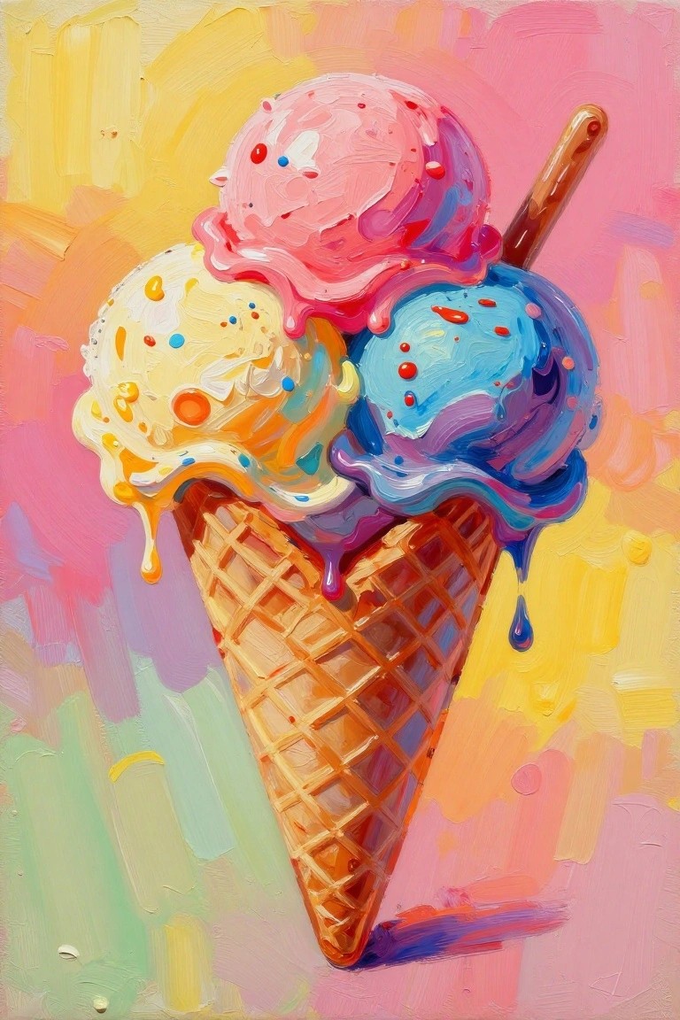 Vibrant painting of melting pink, yellow, and blue ice cream scoops in a cone