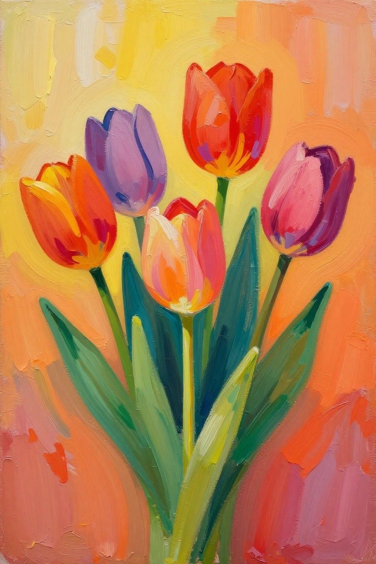 A painting of colorful tulips in red, orange, pink, and purple with green leaves against a yellow and orange background.