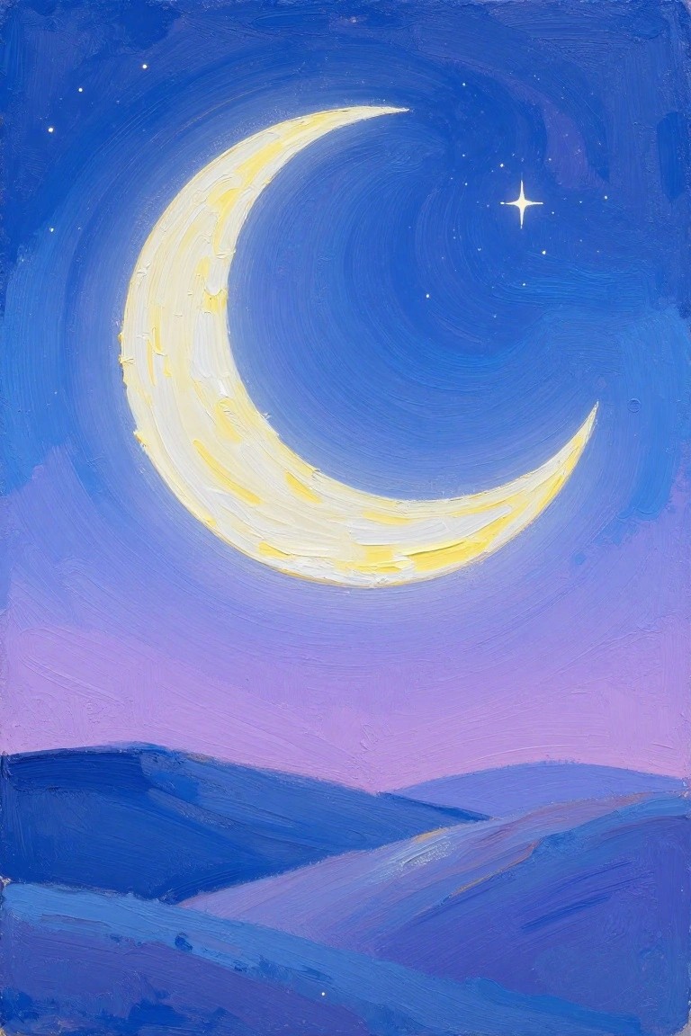 Crescent moon and star in swirling blue night sky above purple hills