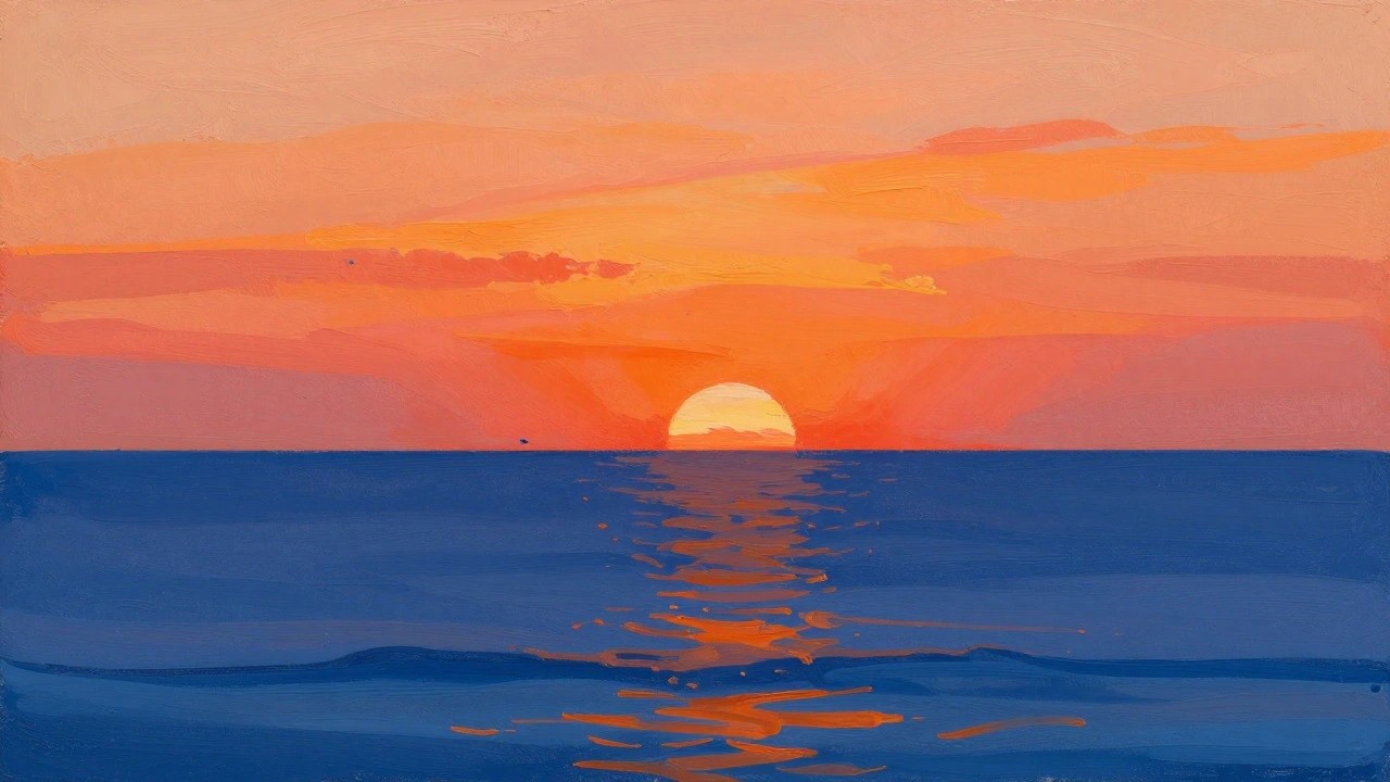 Impressionist painting of vibrant sunset with yellow sun reflecting on orange sea