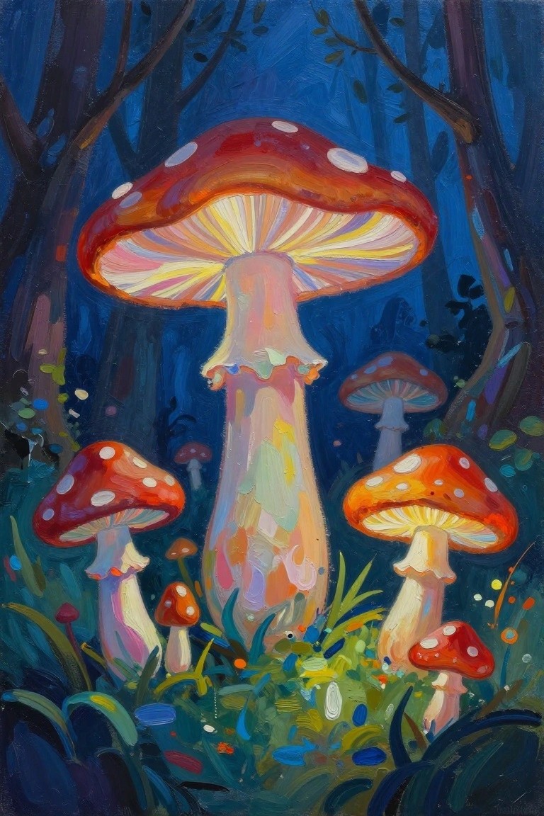 A painting of large red mushrooms with white spots and glowing yellow gills in a dark blue forest at night, surrounded by smaller mushrooms.