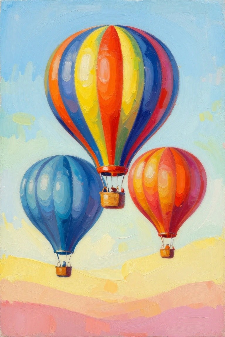 Three colorful hot air balloons soaring above yellow and pink hills in oil painting style