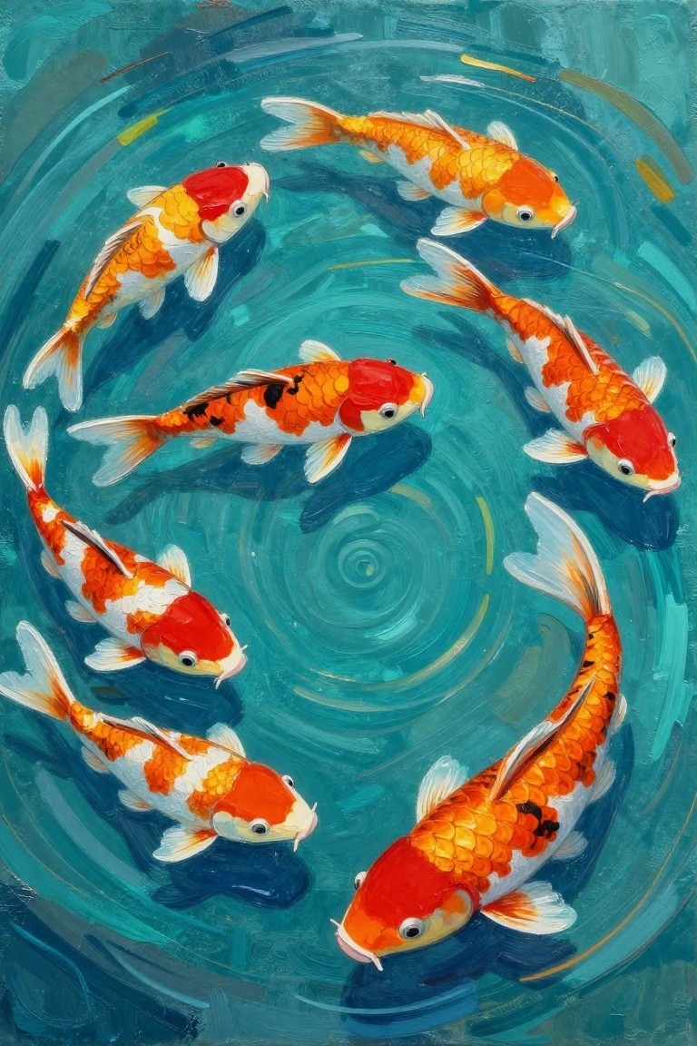 Vibrant koi fish swimming in swirling turquoise water painting