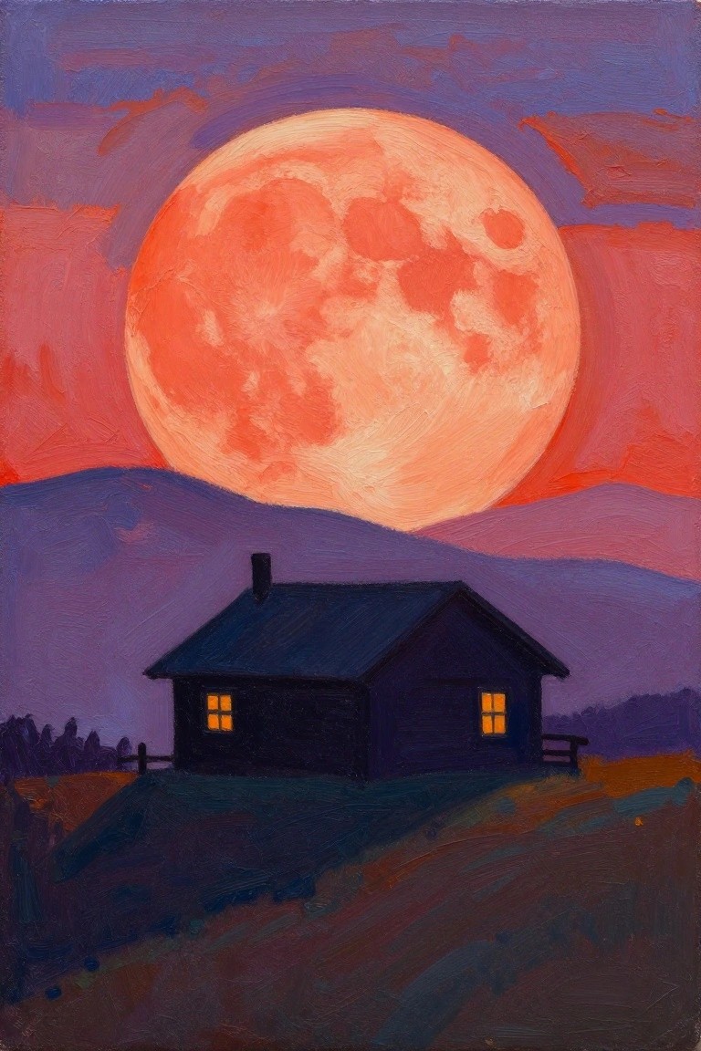 Large orange moon above dark cabin with glowing windows against purple mountains