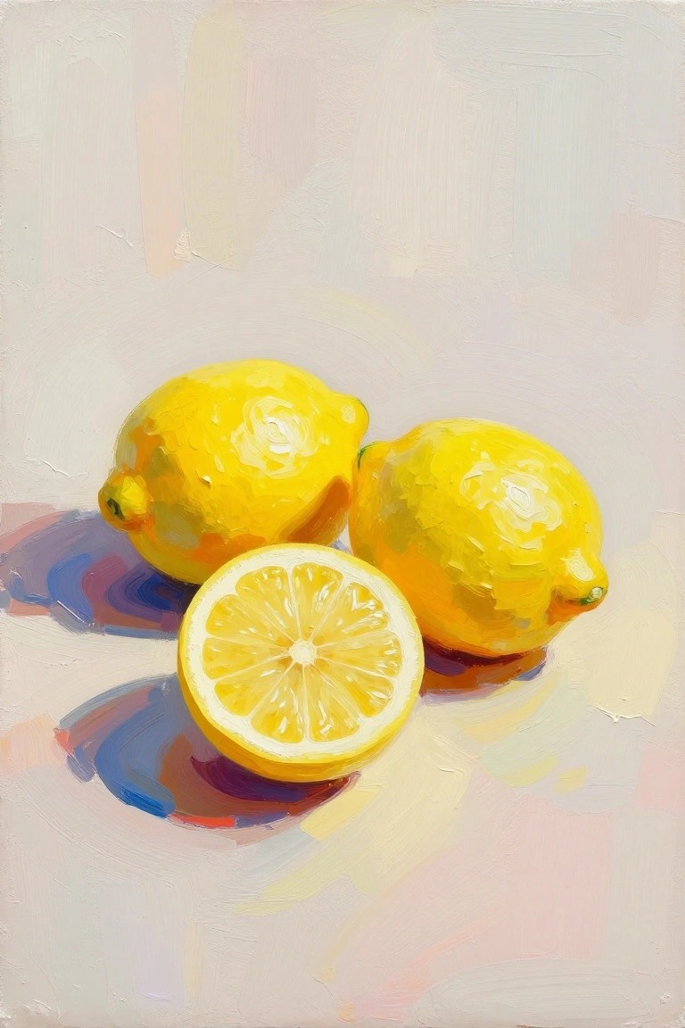 Two whole yellow lemons and one sliced in half, oil painting with colorful shadows