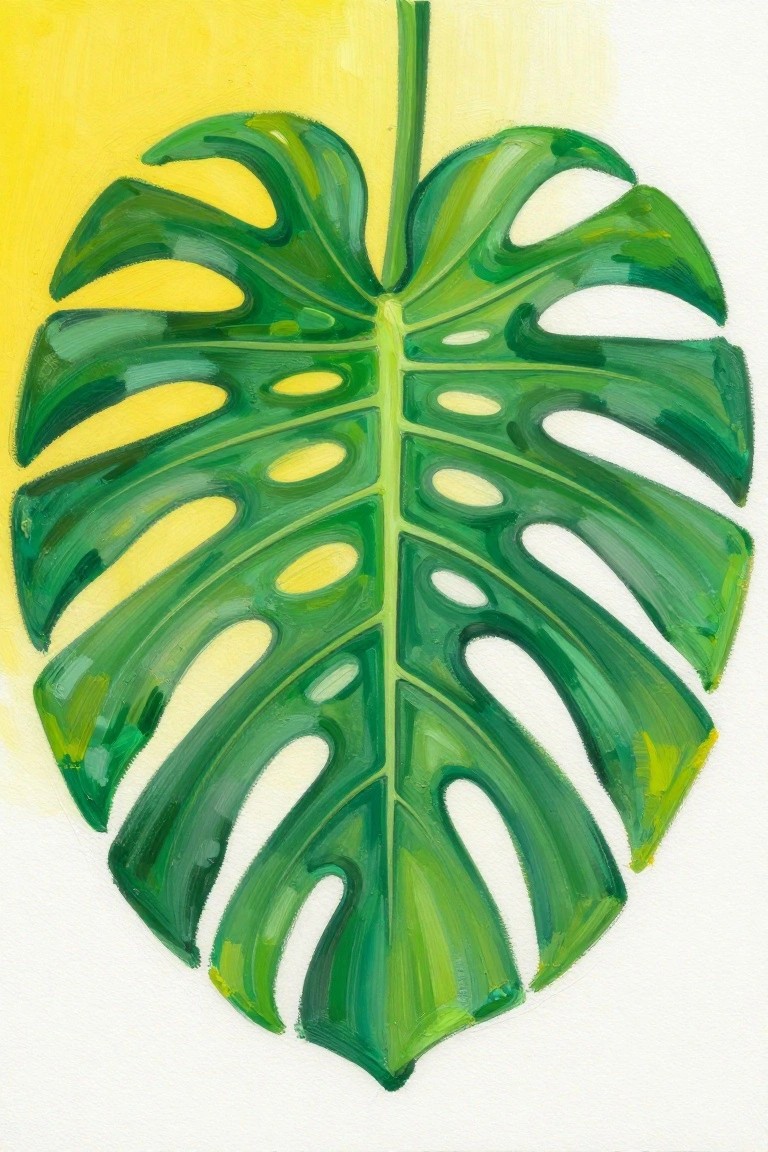 Vivid green Monstera leaf painting with holes on bright yellow background