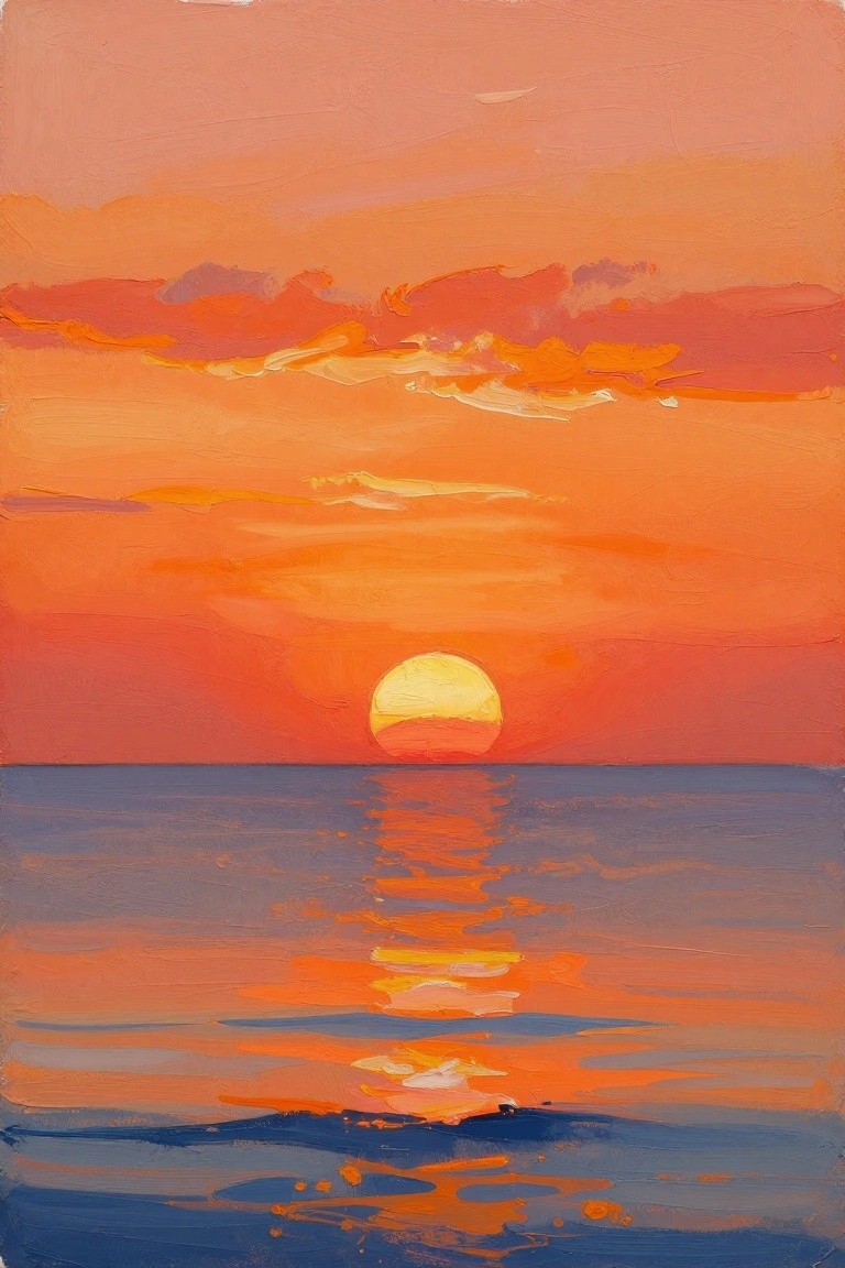 Impressionist painting of vibrant sunset with yellow sun reflecting on orange sea