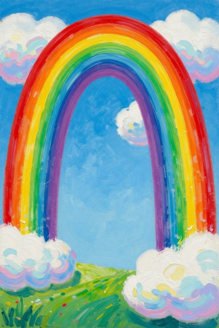 A rainbow with red, orange, yellow, green, blue, and purple bands arches over a blue sky with white clouds and a green hill with flowers.