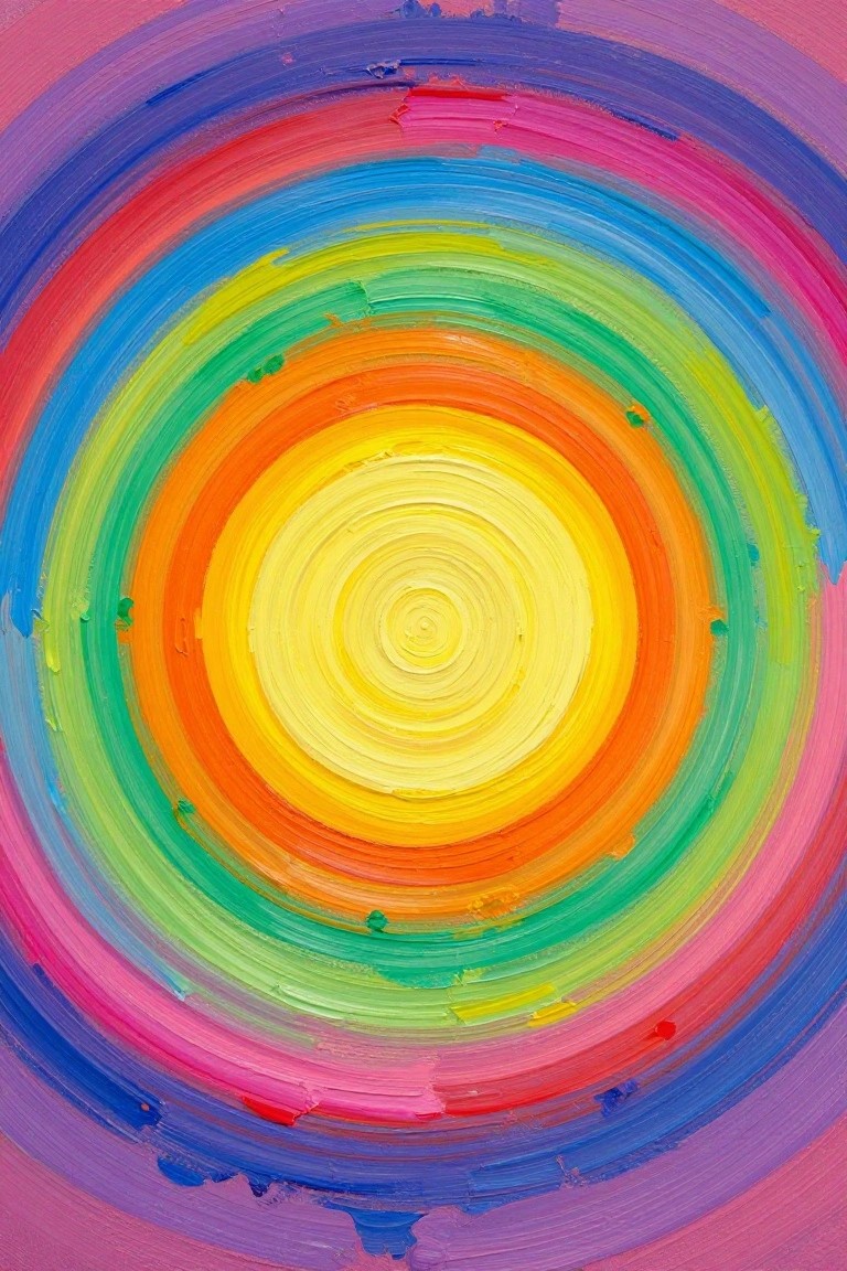 Vibrant rainbow concentric circles with thick brushstrokes in abstract painting