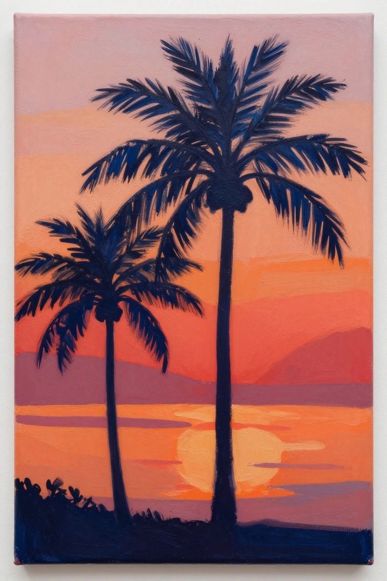 Two silhouetted palm trees against a vibrant orange-pink sunset over the ocean.