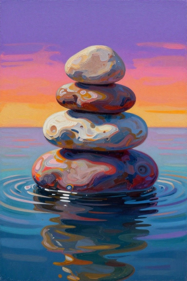 Colorful stacked stones balanced in rippling water under vibrant sunset sky