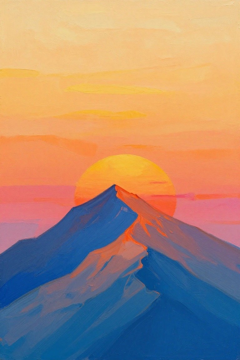 Blue mountain peak with orange highlights under large setting sun in colorful sky