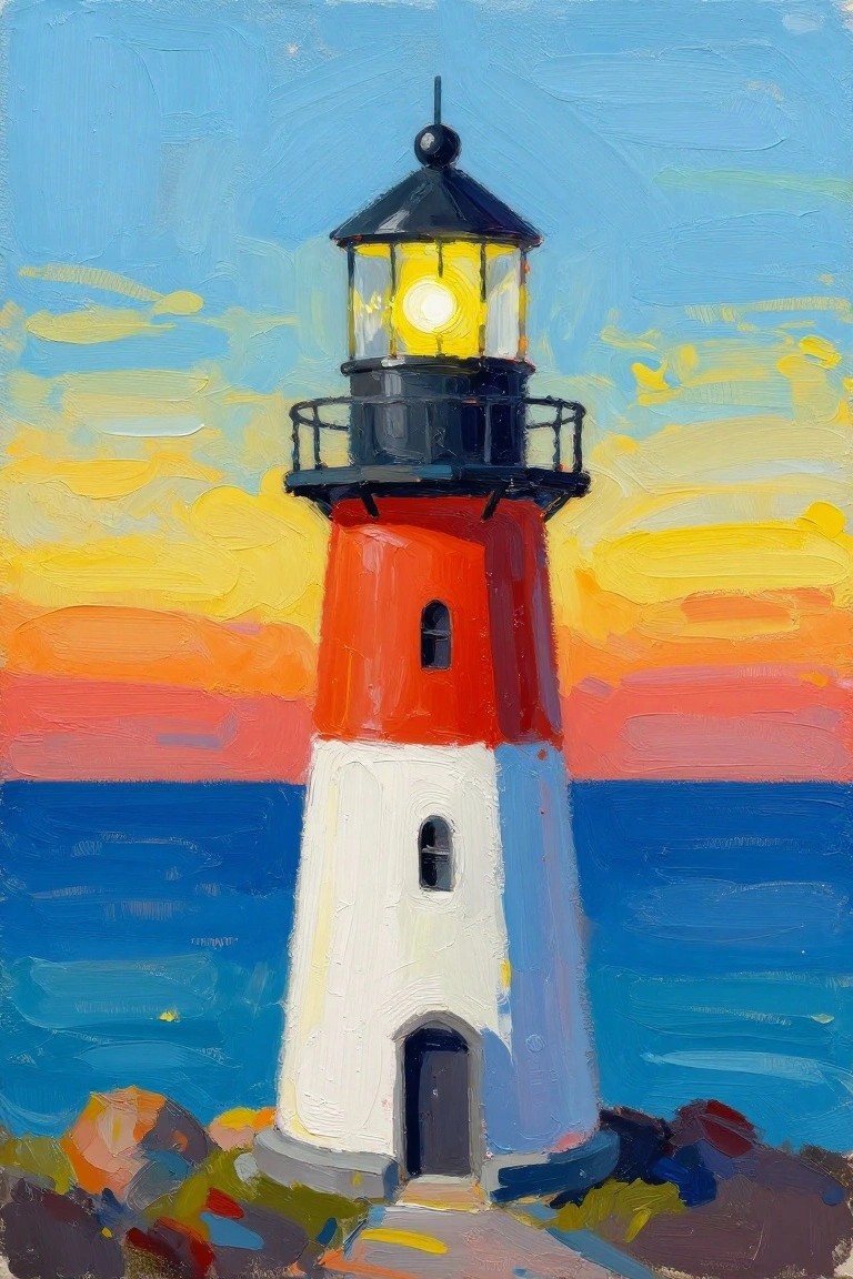 A painting of a red and white striped lighthouse with a glowing lantern top standing on rocks beside blue water under a colorful sunset sky.