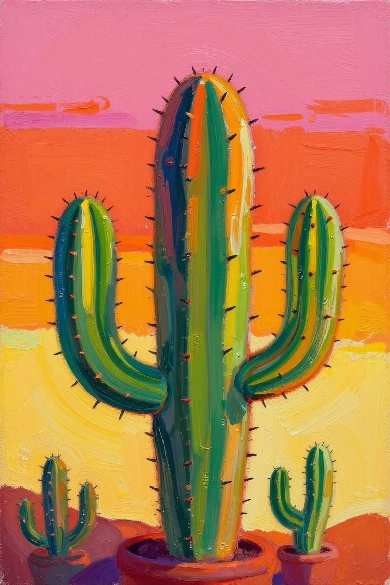 Vibrant painting of tall potted cactus with smaller ones against pink-orange sky.