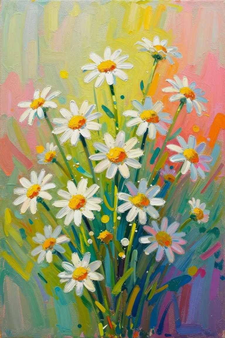 Vibrant impasto painting of white daisies with yellow centers on colorful abstract background