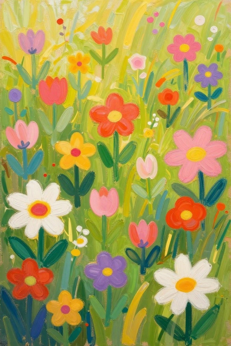 Vibrant wildflowers in red, pink, purple, and white bloom in a green meadow.