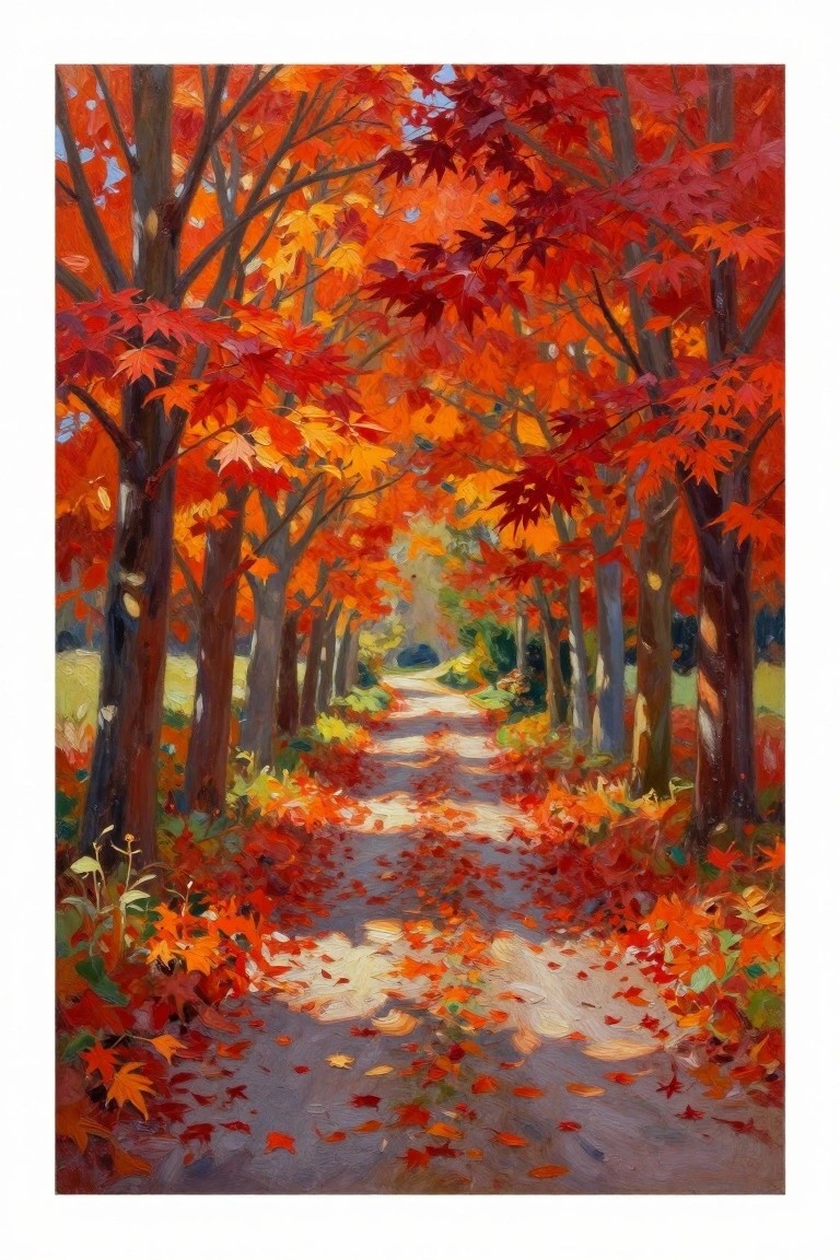 Vibrant autumn path strewn with red leaves under orange maple trees