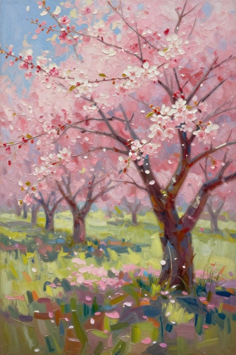 Vibrant oil painting of pink cherry blossom trees in a lush green meadow.