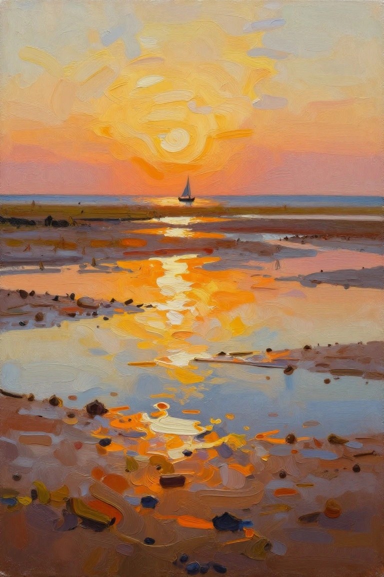 Impressionistic sunset painting with sailboat, golden reflections on tidal pools and beach.