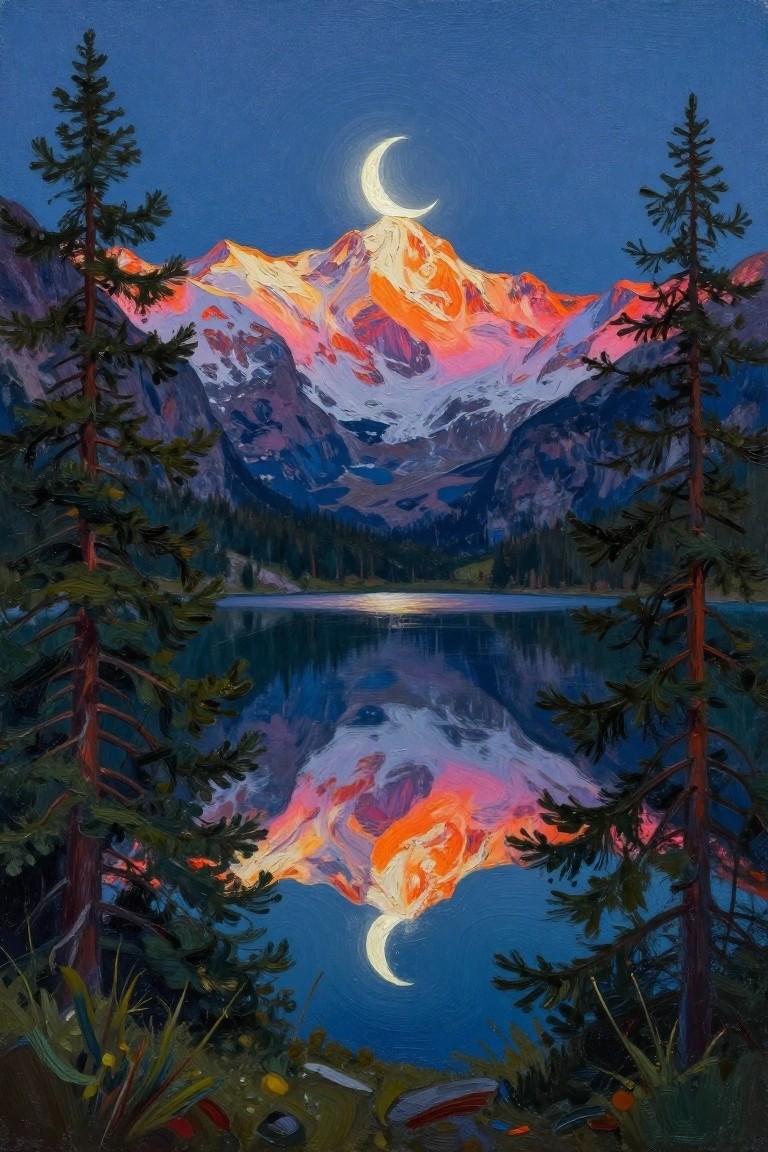 Crescent moon over glowing snow mountains reflected in a tranquil lake framed by pines