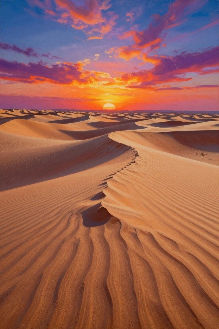 Rippled sand dunes stretch toward a vibrant orange-purple desert sunset.