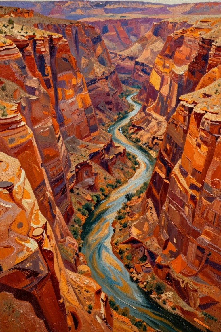 Vibrant painting of turquoise river winding through steep layered red-orange canyon cliffs