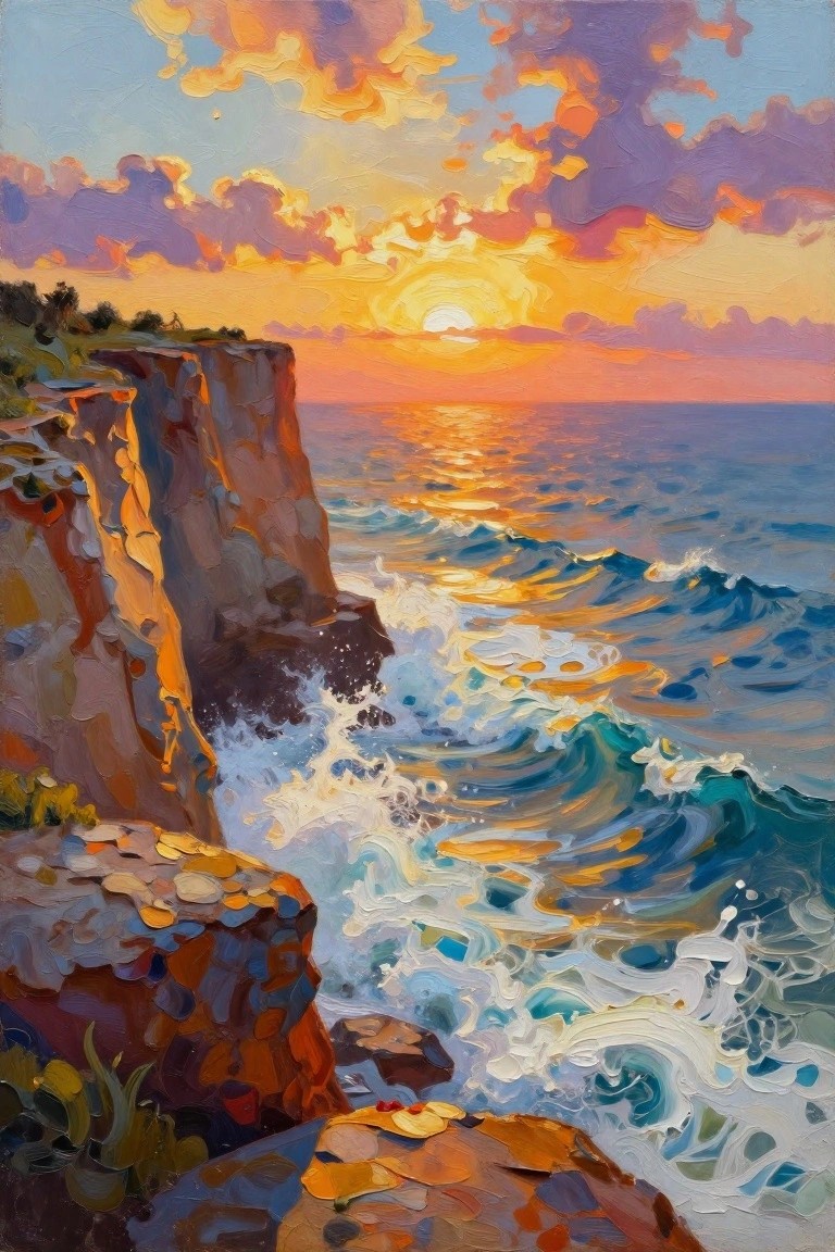 Vibrant oil painting of sunset waves crashing on rocky coastal cliffs