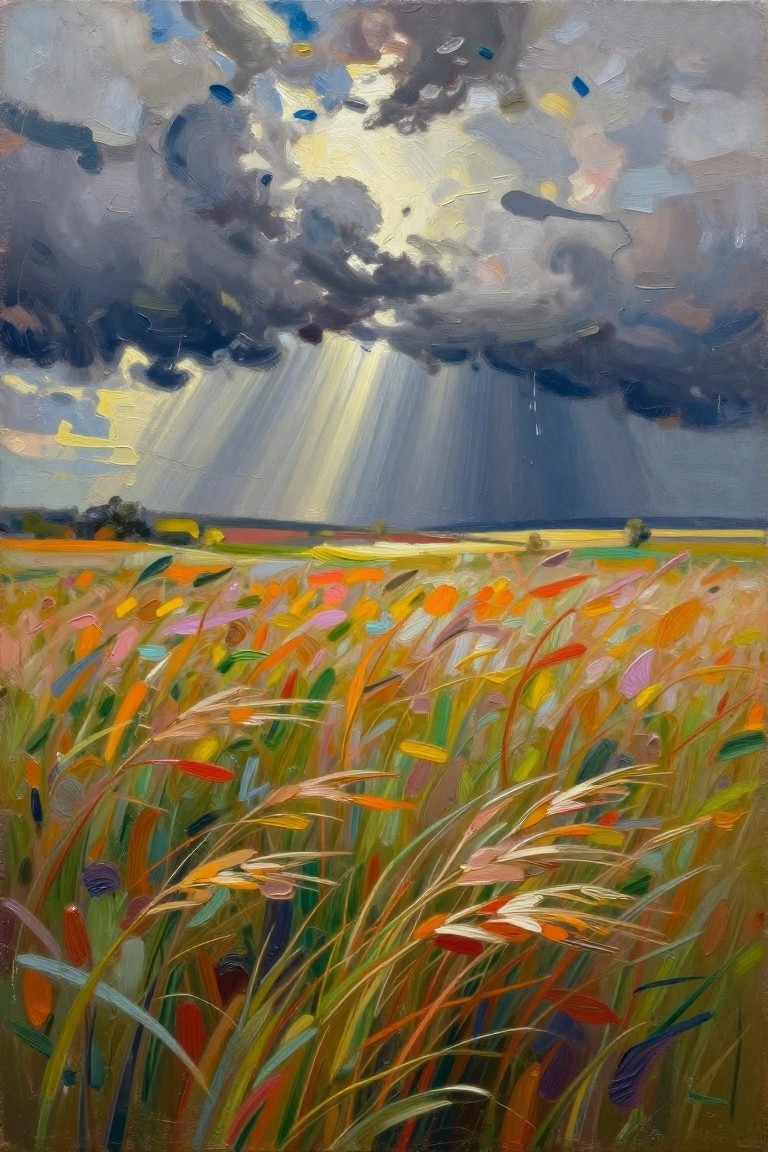 Vibrant meadow of colorful grasses under stormy sky with sunlight rays and rain
