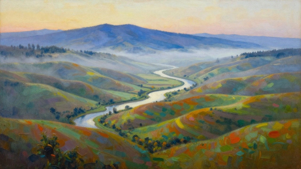 Vibrant painting of winding river through colorful misty hills at sunset