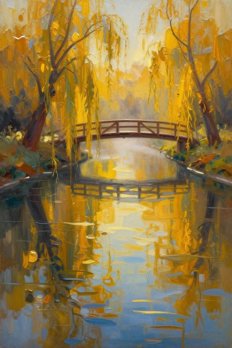 Impressionistic oil painting of arched bridge over reflective water amid golden autumn trees.