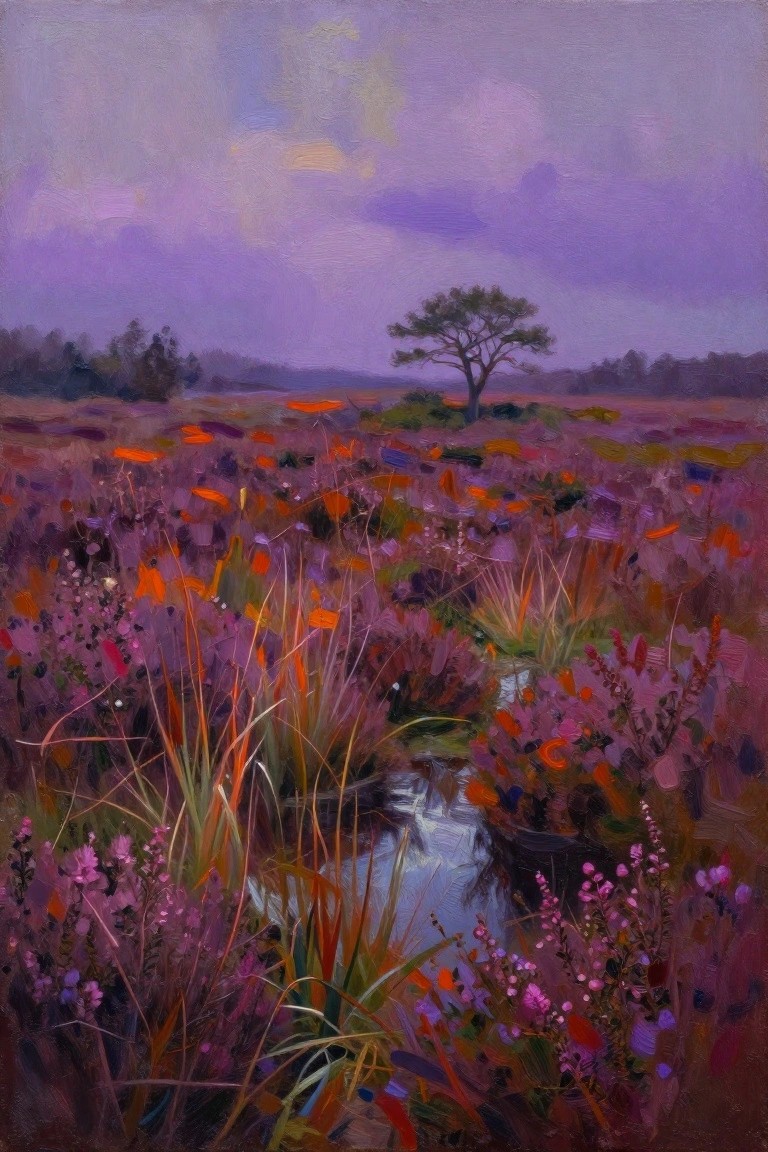 Purple heather and orange wildflowers line a stream beside a lone tree under purple skies.