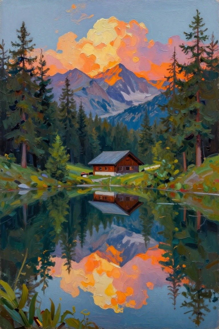 Oil painting of cabin reflected in alpine lake amid pines and sunset mountains